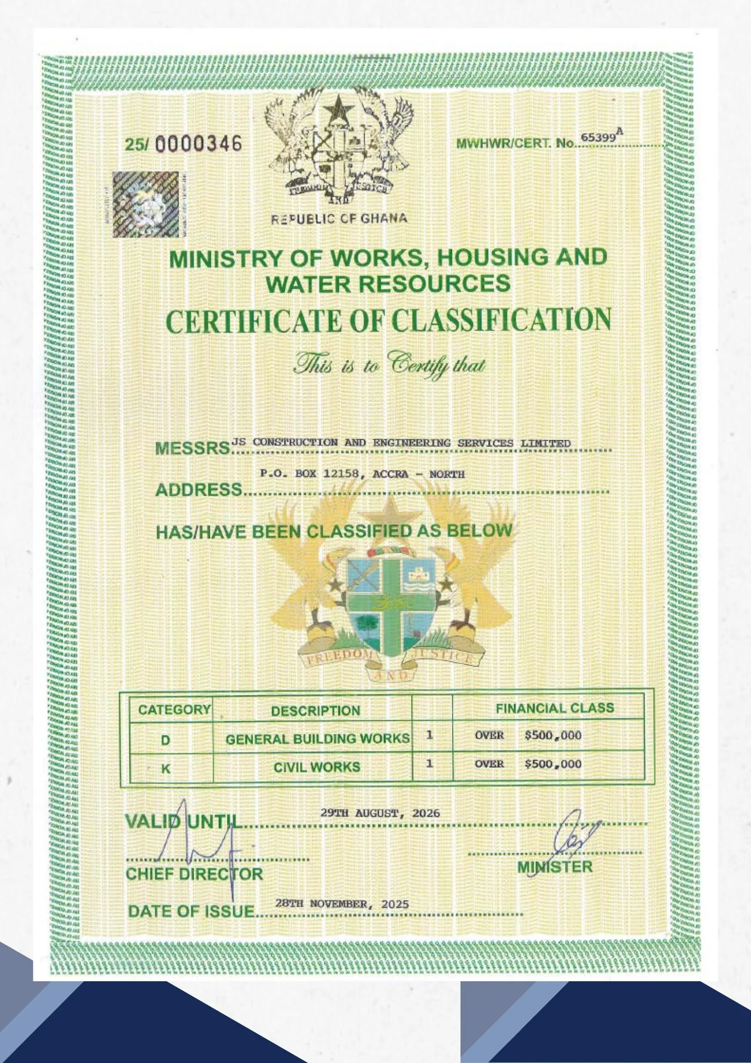 JS Construction certifications